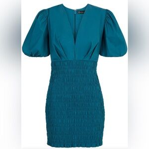 New York & Company Teal Puff-Sleeve Smocked Mini Dress Size 2XL